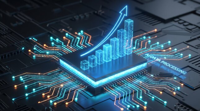 Futuristic Digital Processor Chip Featuring A Glowing Bar Graph Showing Data Growth And Performance Analytics In A High Technology Circuit Environment