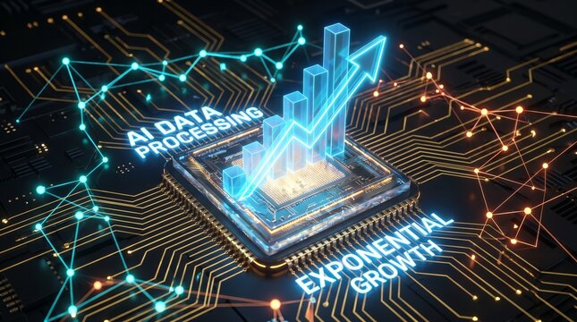 Conceptual visualization of artificial intelligence data processing systems achieving high-speed exponential growth on a digital circuit board