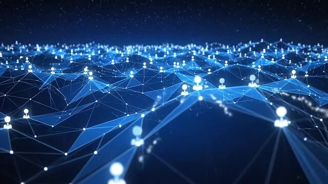 A digital network of connected people icons in blue light