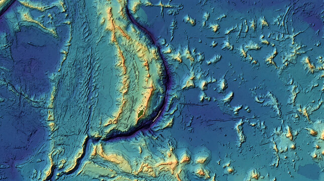 Bathymetric Relief Map of Guam and Mariana Trench Ocean Floor Topography