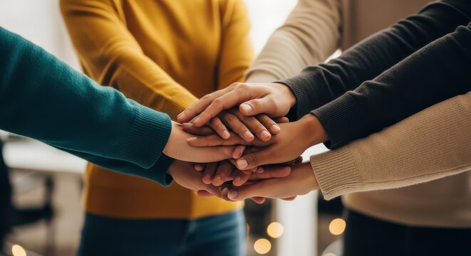 Diverse Group of People Stacking Hands Together in Unity and Teamwork for Business Collaboration and Community Support