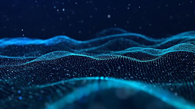 Abstract blue digital wave background with glowing particle dots