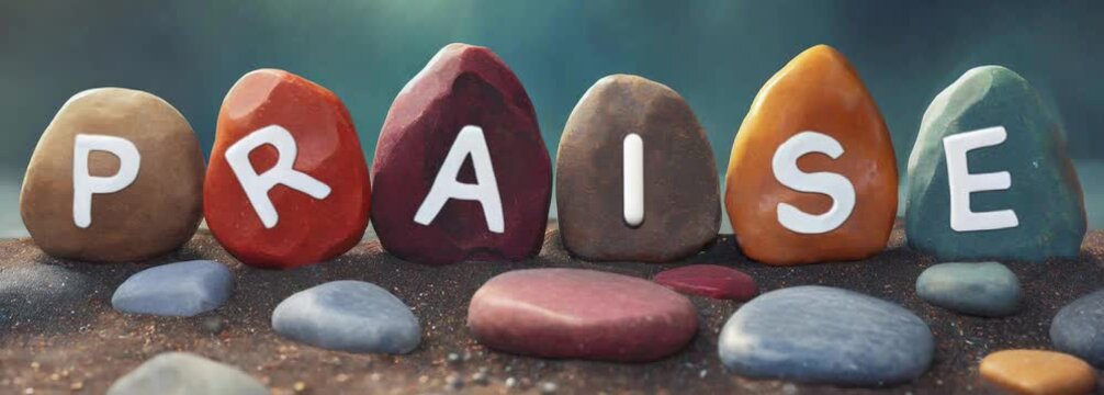Video illustration of the word praise, bouncing up and each letter landing on colored rocks