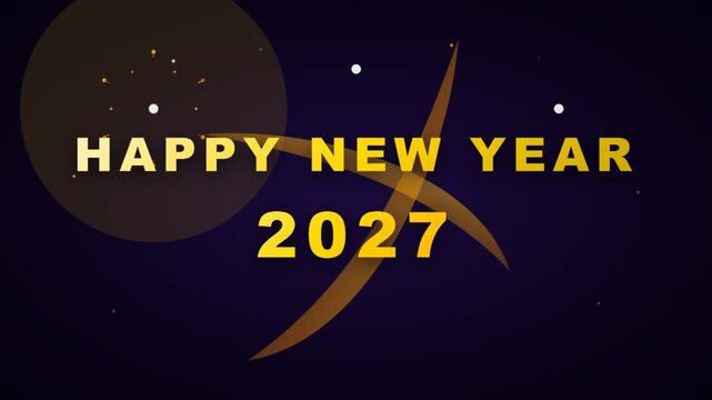 Elegant Happy New Year 2027 animation featuring gold typography on a dark purple background with floating star particles and abstract golden shapes for holiday