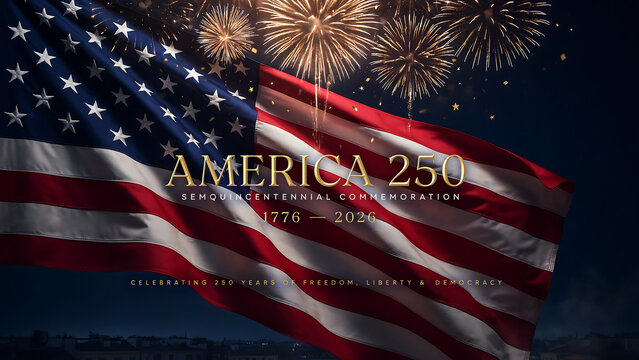 America 250 Semiquincentennial commemoration banner with american flag fireworks.