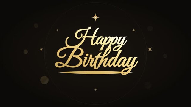 Luxurious golden Happy Birthday cursive typography animation featuring sparkling stars and glowing bokeh effects on a dark background for celebration video greetings.