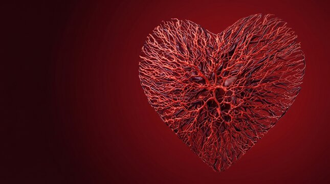 Anatomical heart shape formed by intricate red blood vessels and capillaries against a dark red background, symbolizing health and circulation.