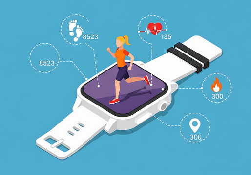 Woman running on digital smartwatch screen showing fitness activity data with smartwatch activity technology wearable heartbeat calories exercise monitoring training wellness lifestyle