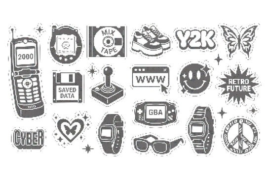 Monochrome Y2K sticker elements with nostalgic tech and fashion icons
