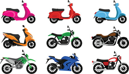 Motorcycle and modern moped scooter flat vector illustration collection with sports bikes dirt bikes cruiser motorcycles and retro scooters isolated on white background. © SM