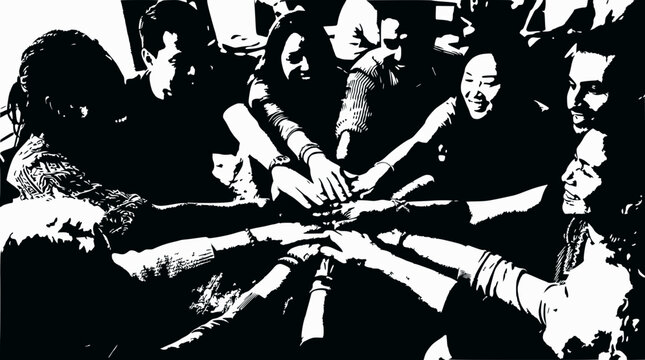 Diverse group of friends, colleagues, or team members joining hands in unity and support, celebrating success.