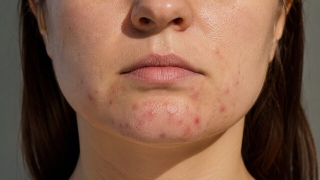 Close-up of woman with red acne blemish inflammation on chin skin condition and facial irritation