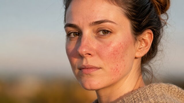 Close-up portrait of young woman with natural skin redness and acne looking serious outdoors in soft light