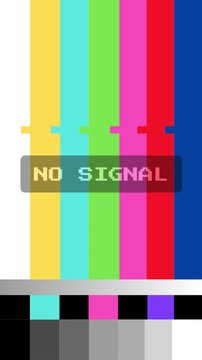 Retro television screen displaying classic color bar test pattern with an explicit 'no signal' message overlay, symbolizing communication breakdown or technical malfunction