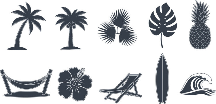 Tropical beach and summer vacation silhouette vector set with black shapes of palm trees, pineapple, monstera leaf, surfboard, hammock, and ocean waves for travel branding
