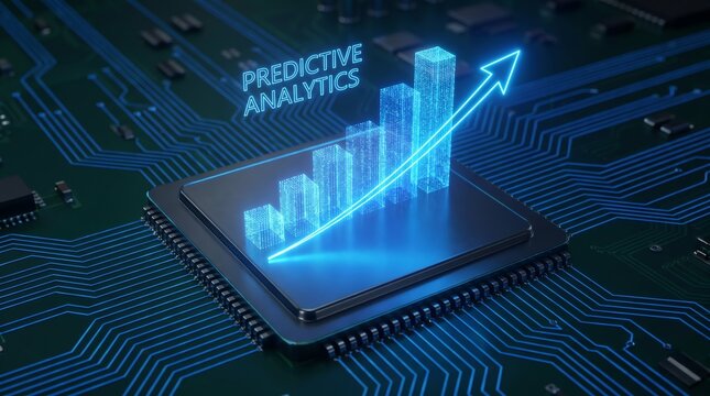 Predictive Analytics Concept featuring a Rising 3D Data Growth Graph and Upward Arrow on a High Tech Computer Processor CPU Chip
