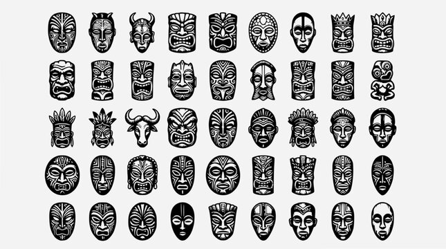 Collection of Tribal Tiki Masks and Symbols on White Background