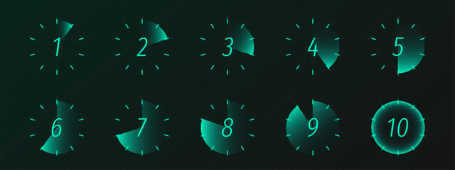Naklejka premium Modern stopwatch and timer graphic design for tracking minutes and seconds, realistic vector digital clock display isolated on transparent background. Neon green countdown icons for digital interfaces