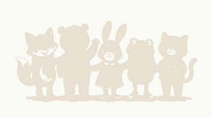 Naklejka premium Cute Cartoon Animal Friends Silhouette, Fox, Bear, Rabbit, Frog, Cat Standing Together