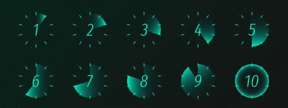 Modern stopwatch and timer graphic design for tracking minutes and seconds, realistic vector digital clock display isolated on transparent background. Neon green countdown icons for digital interfaces