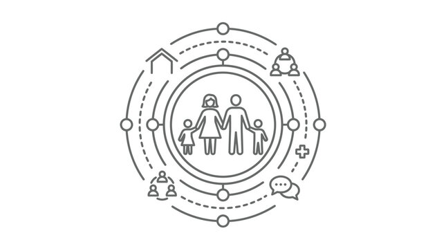 Family community network icon with concentric circles and symbols.