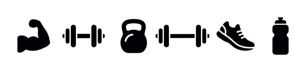 Fototapeta premium Various black silhouette fitness icons including a bicep, dumbbells, a kettlebell, a running shoe, and a water bottle on a white background