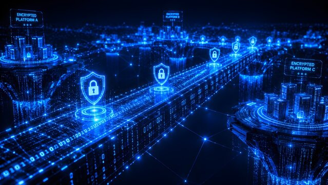 Digital cityscape glows with blue data streams. Security shields guard encrypted pathways across futuristic networks. Cities pulse with intelligence, protected by digital locks