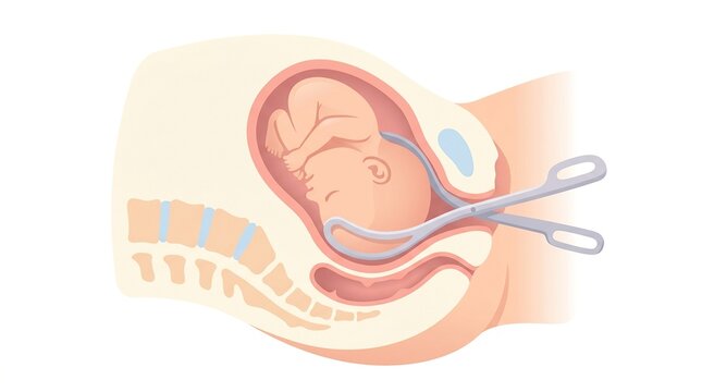 This artwork depicts childbirth anatomy with a focus on the forceps assisted delivery technique in a medical context.