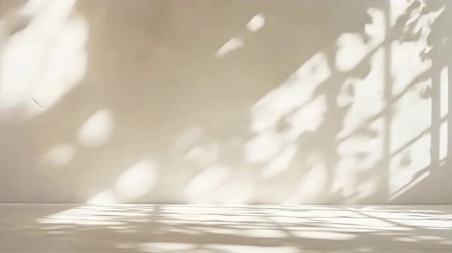 Sunlight streaming through window creating beautiful shadows of plant leaves on clean wall and floor, creating abstract natural background, minimalist, neutral colors aesthetic motion clip.