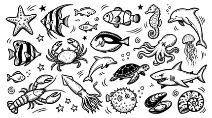 Fototapeta premium Various hand-drawn black and white sea creatures, including fish, crab, dolphin, and octopus, creating a lively underwater pattern