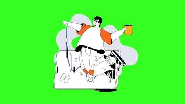 Animated character holding coffee cup performs joyful jump across digital tablet screen in motion video clip