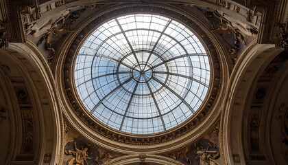 Obraz premium A large glass-domed ceiling with ornate stone archways and gold accents