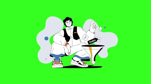 Digital marketing character squatting near a funnel animation on a bright vibrant green motion background