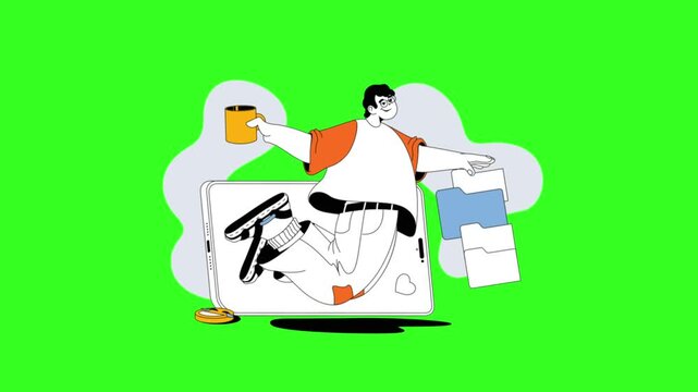 Cartoon man jumps out of a digital tablet screen while holding coffee in motion animation clip