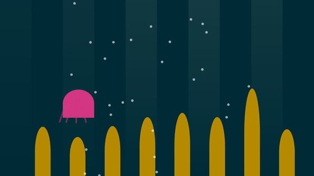 Abstract Pink Jellyfish Character Moving Through Golden Pillars in Digital Space.