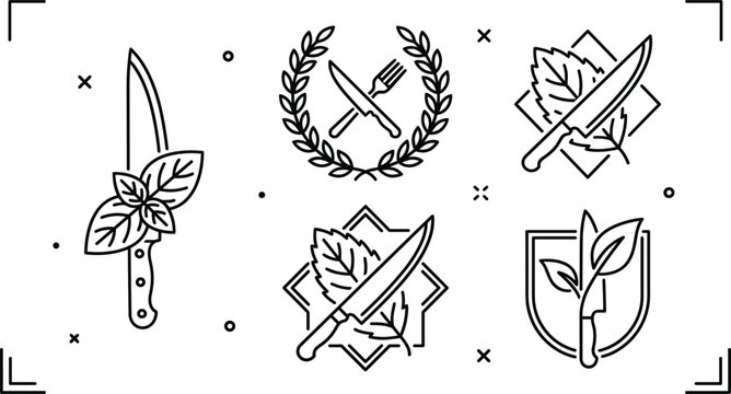 Culinary Knife Logo Icon Set with Herbal Leaves Laurel Wreath and Emblem Shield