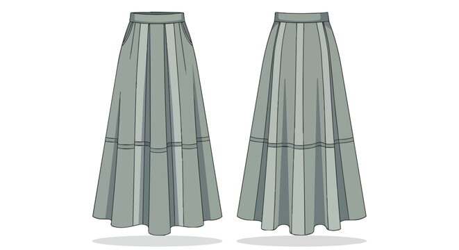 Stylish grey pleated maxi skirt with high waist and flared hem fashion technical drawing front and back view