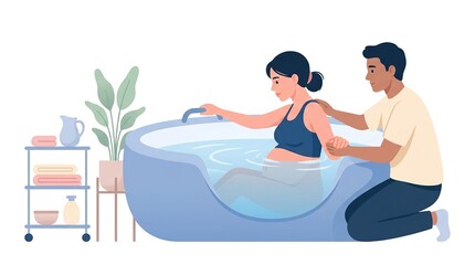 Obraz premium A woman prepares for water birth in a tub while a partner offers support in a caring environment with plants and supplies nearby.