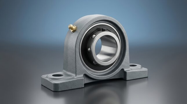 Pillow block bearing 3D render, industrial mounted bearing housing, shaft support unit, cast iron bearing block, conveyor machinery bearing assembly