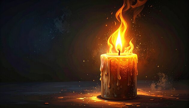 Lit Candle with Melting Wax and Flame.