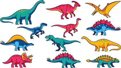 Cute cartoon dinosaur vector illustration collection featuring Tyrannosaurus Rex Triceratops Stegosaurus Brachiosaurus Pterodactyl and other prehistoric reptiles isolated on white background. © SM