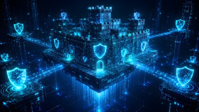 Cyber fortress glows with blue digital shields. Light beams connect structures in a secure network. Data streams rise from the fortress, flowing upward. Technology safeguards digital infrastructure