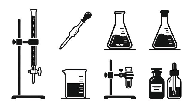 Chemistry laboratory titration equipment icon set with beaker flasks test tube pipette and buret stand vector silhouettes