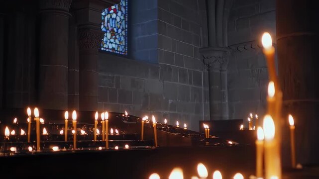 Many lit candles in church pews.