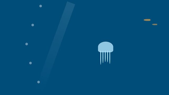 Minimalist Animated Jellyfish Swimming Through Deep Blue Ocean Waters.