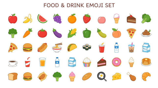 Colorful food and drink emoji set with various icons