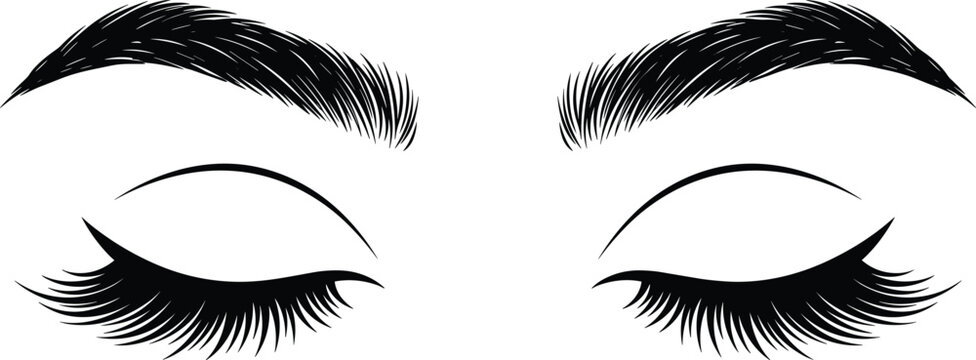 Beautiful closed female eyes with thick detailed eyelashes and perfectly shaped thick eyebrows vector illustration isolated on white background
