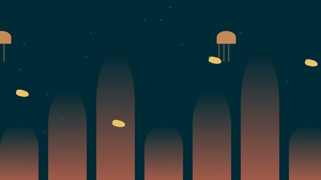 Animated Jellyfish Swimming Through Abstract Underwater Cityscape Environment.