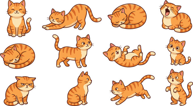 Cute orange tabby cat vector illustration collection showing different playful poses stretching sleeping yawning running and sitting isolated on white background.