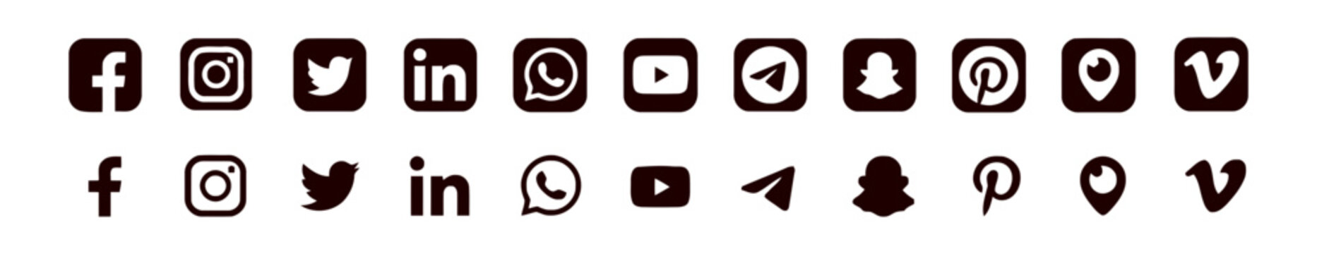 Set of popular social media icons in square and flat styles